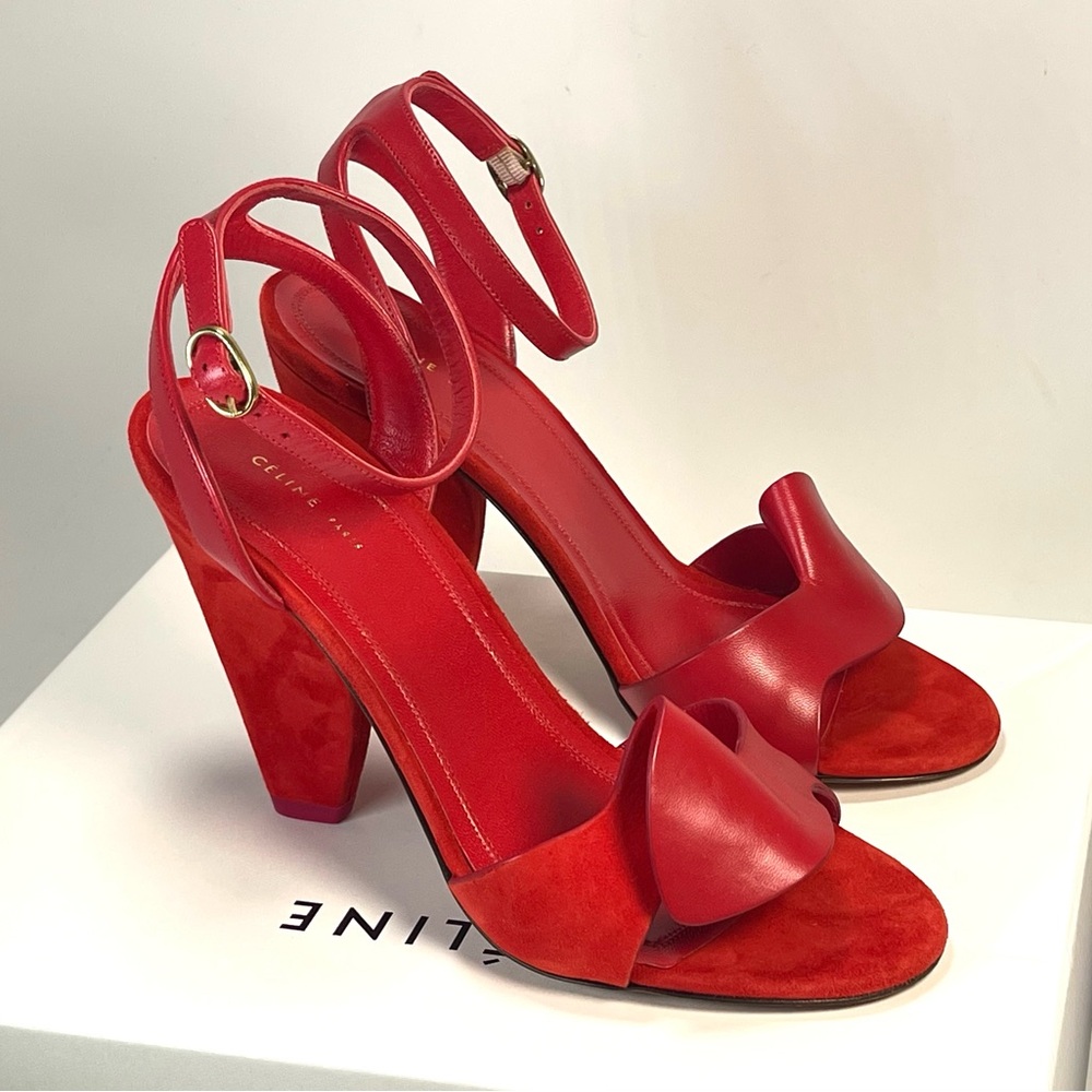 Celine Red Leather/Suede Ankle Wrap Heels Wedge Stilettos Size 37 New In Box
